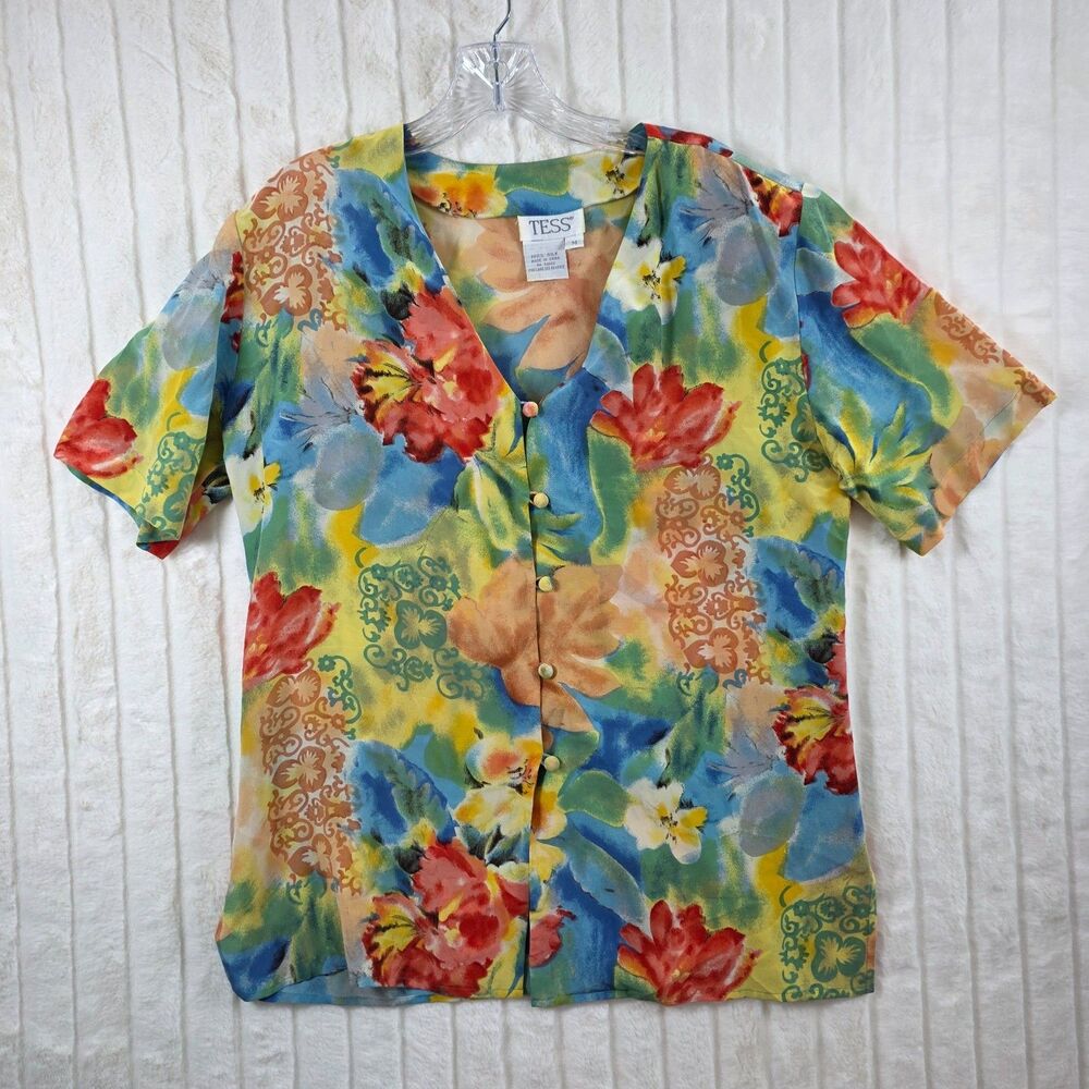 VTG Tess 100% Silk Blouse Women's Colorful Tropical Floral Short Sleeve Size M